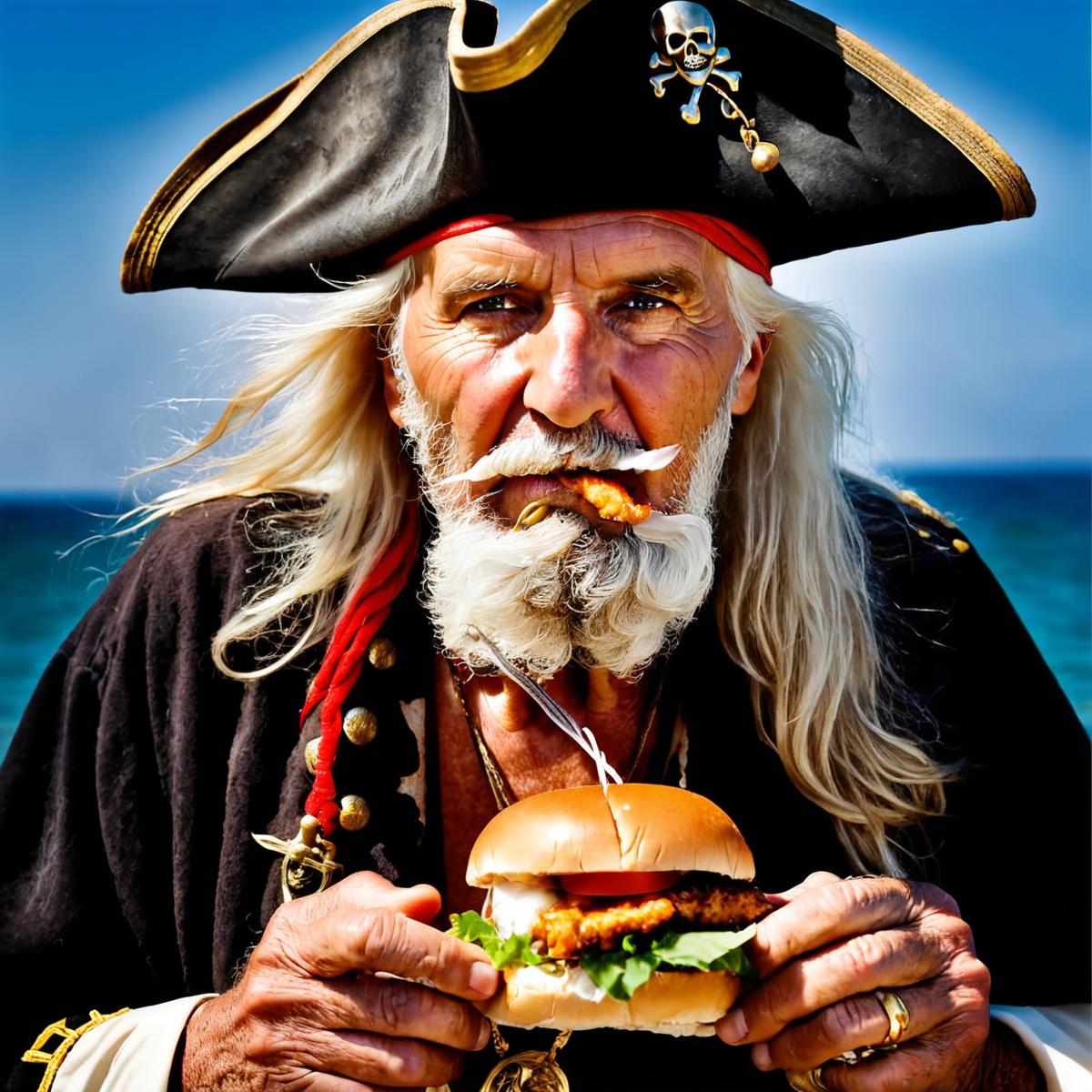 photo of a old pirate eating a fish sandwich , face portrait